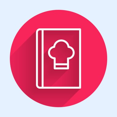 Beyaz çizgi yemek kitabı simgesi uzun gölgeli izole edilmiş. Yemek kitabı ikonu. Yemek tarifi kitabı. Çatal ve bıçak ikonları. Çatal bıçak sembolü. Kırmızı daire düğmesi. Vektör.