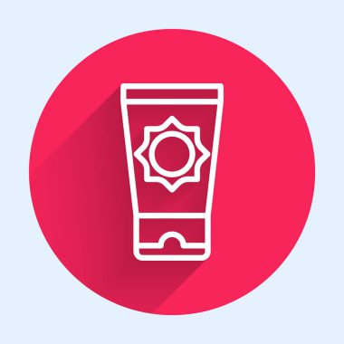 Uzun gölgeli beyaz çizgi güneş kremi. Cilt için güneş ultraviyole ışığından koruma. Kırmızı daire düğmesi. Vektör.