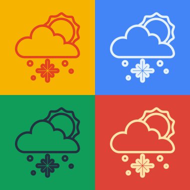 Kar ve güneş ikonu arkaplanda izole edilmiş Pop Sanat Çizgisi Bulutu. Kar taneli bulut. Tek hava ikonu. Kar tabelası. Vektör.