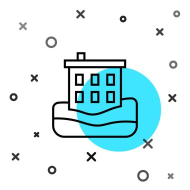 Beyaz arka planda siyah çizgi ev sel ikonu izole. Suyun altındaki evi sel basıyor. Sigorta konsepti. Güvenlik, güvenlik, koruma, konsept koruma. Rastgele dinamik şekiller. Vektör.