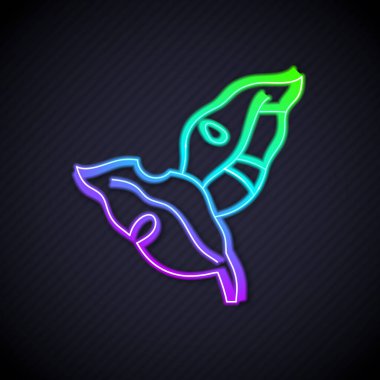 Parlayan neon çizgisi, siyah arkaplanda izole edilmiş palmiye ağacı ikonunun tropikal yaprakları. Vektör.