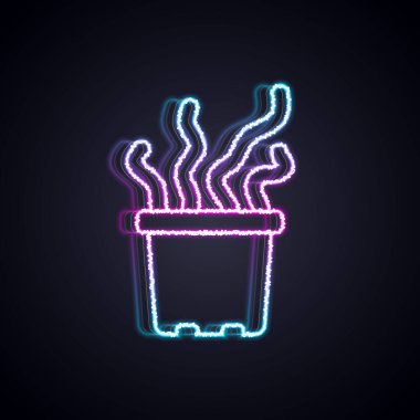 Parlayan neon hattı siyah arkaplanda izole edilmiş tencere ikonundaki egzotik tropikal bitki. Vektör.