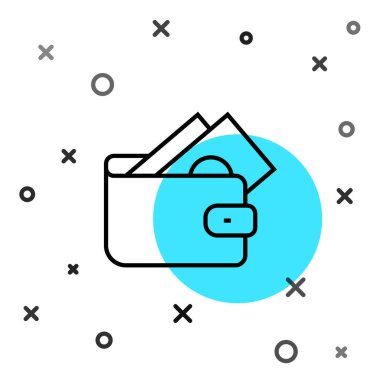 Siyah çizgili cüzdan beyaz arka planda izole edilmiş kağıt para para ikonu. Çanta ikonu. Nakit tasarruf sembolü. Rastgele dinamik şekiller. Vektör.