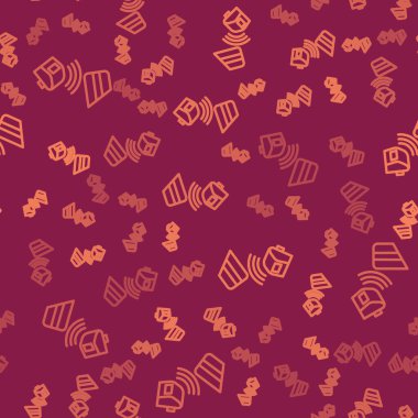 Kahverengi çizgi POS terminali, eklenmiş kredi kartı ve yazdırılmış alıcı simgesi kırmızı arkaplanda izole edilmiş kusursuz desen. NFC ödeme konsepti. Vektör.