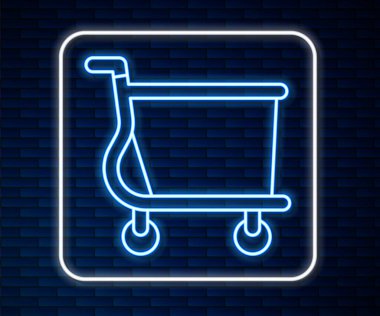 Parlayan neon hattı alışveriş arabası simgesi tuğla duvar arkasında izole edilmiş. İnternetten satın alma konsepti. Servis tabelası. Süpermarket sepeti sembolü. Vektör.
