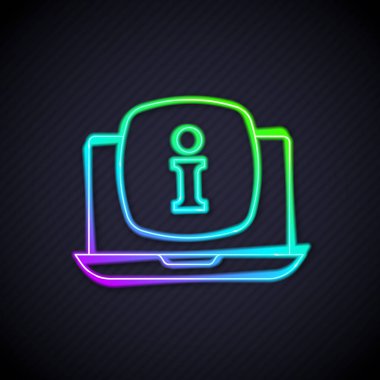 Siyah arkaplanda bilgi simgesi izole edilmiş parlak neon hattı dizüstü bilgisayarı. Vektör.
