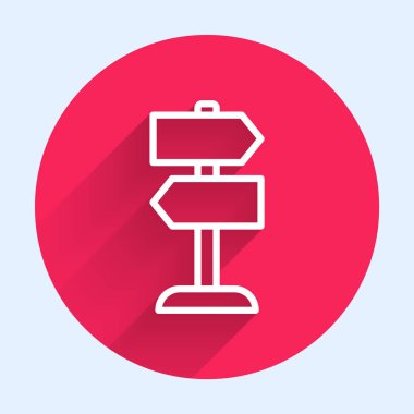 Beyaz çizgi trafik levhası. İşaret direği simgesi uzun gölgeyle izole edildi. İşaretçi sembolü. İzole sokak bilgi levhası. Yön tabelası. Kırmızı daire düğmesi. Vektör.