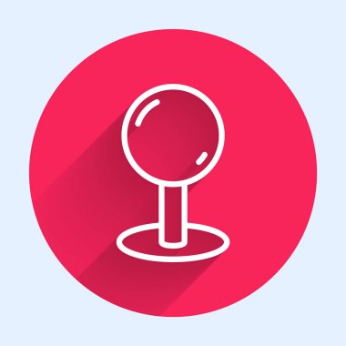 Beyaz çizgi Push iğne simgesi uzun gölgeli izole. Raptiye işareti. Kırmızı daire düğmesi. Vektör.