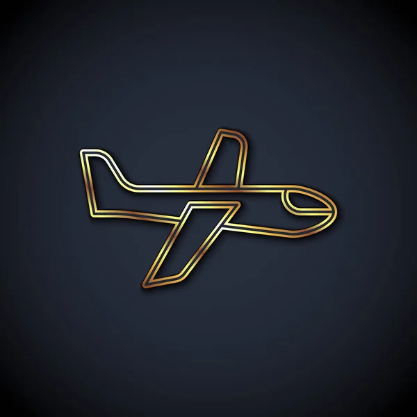 Goldene Linie Flugzeug Symbol Isoliert Auf Schwarzem Hintergrund Fliegende Flugzeug — Stockvektor