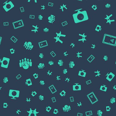 Bilardo masası, bowling topu, bovling pimi ve kusursuz desenli masa. Vektör