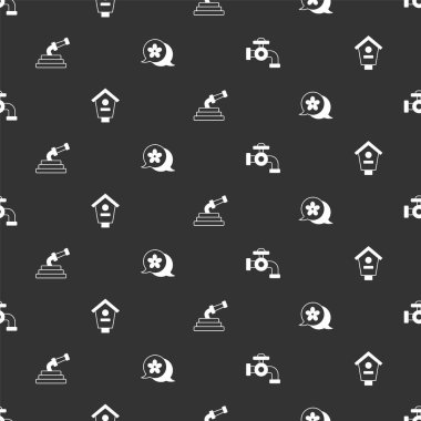 Su musluğu, kuş evi, bahçe hortumu ve çiçek desenleri kusursuz. Vektör