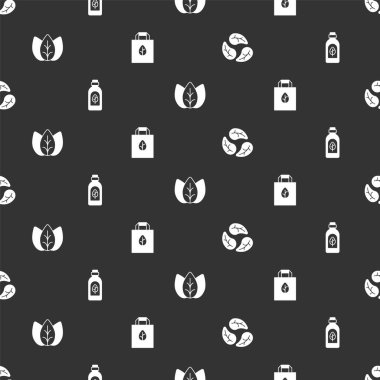 Yaprak ya da yaprak, temel yağ şişesi ve geri dönüşümlü kusursuz desenli alışveriş torbası. Vektör