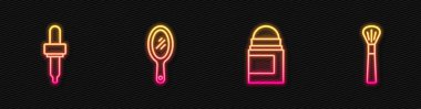 Terleme önleyici deodorant rulo, Pipette, el aynası ve makyaj fırçası ayarlayın. Parlayan neon ikonu. Vektör