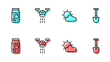 Güneş, bulut havası, reçel kavanozu, İHA ve Kürek ikonlu Smart çiftliği. Vektör