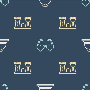 Hat otelinin servis zilini, Kumdan Kale ve Kale şeklindeki aşk gözlüklerini kusursuz bir şekilde yerleştirin. Vektör