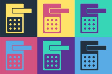 Pop Art Dijital kapı kilidi kablosuz kablosuz teknolojiyle renk arkaplanda izole edilmiş ikonu açmak için. Kapı kolu tabelası. Güvenlik akıllı ev. Vektör.