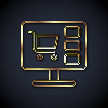 Ekran bilgisayarındaki altın çizgili alışveriş arabası siyah arka planda izole edilmiş. Konsept e-ticaret, e-ticaret, online iş pazarlama. Vektör.