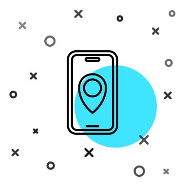 Şehir haritası yön bulma simgesinin siyah çizgi bilgileri beyaz arkaplanda izole edildi. Mobil Uygulama Arayüzü tasarımı. Coğrafi konsept. Rastgele dinamik şekiller. Vektör.