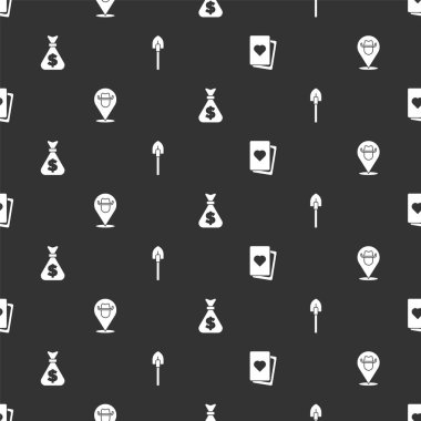 İskambil kağıtlarını, konum kovboyunu, para çantasını ve küreği kusursuz bir şekilde ayarla. Vektör.