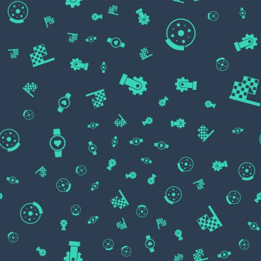 Derailleur bisiklet arka, bisiklet fren diski, akıllı saat ve Checkered bayrağını dikişsiz desende ayarla. Vektör