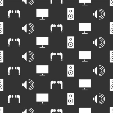 Stereo hoparlörünü, hoparlör sesini, kulaklığı ve bilgisayar monitörünü kusursuz desene ayarla. Vektör.