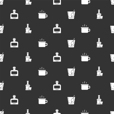 Kokteyl Bloody Mary, viski şişesi, bardak ve kahve bardağını pürüzsüz bir şekle sokun. Vektör.