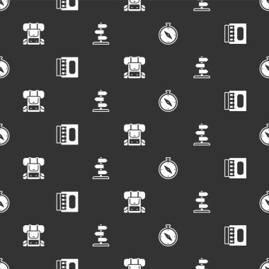 Pusulayı, kibrit kutusunu ve kibriti, yürüyüş sırt çantasını ve trafik işaretini pürüzsüz bir şekilde ayarla. Vektör