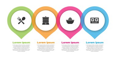 Çapraz çatal ve kaşık, yavaş pişirme makinesi, meyve sıkacağı ve gaz sobası. Ticari bilgi şablonu. Vektör