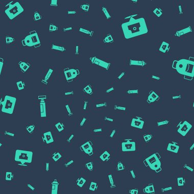 Boya spreyi kutusu, sprey başlık, işaret kalemi ve okul sırt çantasını pürüzsüz desenli olarak ayarla. Vektör