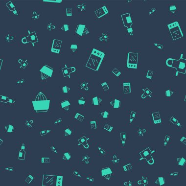 Mikrodalga fırın, bir şişe zeytinyağı, meyve sıkacağı ve mutfak önlüğünü kusursuz desene ayarlayın. Vektör