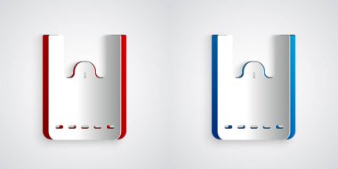 Kağıt kesiği kağıt poşet ikonu gri arkaplanda izole edilmiş. Paket işareti. Kağıt sanatı tarzı. Vektör.