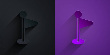 Kağıt kesiği simgesi mor arkaplanda siyah üzerine izole edilmiş. Yer belirleyici sembol. Kağıt sanatı tarzı. Vektör.