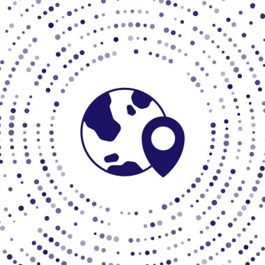 Küresel simgenin mavi konumu beyaz arkaplanda izole edildi. Dünya ya da Dünya işareti. Soyut çember rastgele noktalar. Vektör.