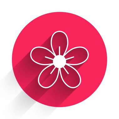 Beyaz Çiçek simgesi uzun gölgeli. Kırmızı daire düğmesi. Vektör.