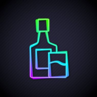 Parlayan neon hattı viski şişesi ve siyah arka planda izole edilmiş cam ikon. Vektör.