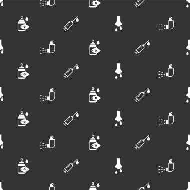 Sümüklü burun, astım spreyi, göz damlası şişesi ve şırıngayı dikişsiz desene ayarlayın. Vektör.