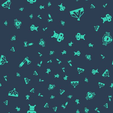 Hippo ya da Hippopotam, turist çadırı, tahta balta ve geyik boynuzlarını kalkanlara alın. Vektör