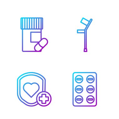 Hat haplarını su toplamalı, kalkanları ve kalp atışlarını, ilaç şişesini, hapları, koltuk değneklerini ve koltuk değneklerini ayarlayın. Renk simgeleri. Vektör.