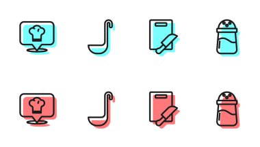 Hat kesme tahtası ve bıçak, konumu olan şef şapkası, mutfak kepçesi ve tuz ikonu. Vektör