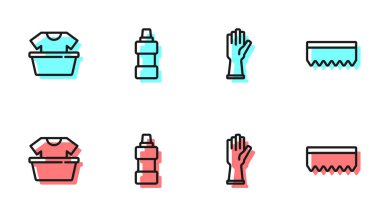 Lastik eldivenler, gömlekli leğen, temizlik malzemesi ve Sünger ikonu için şişe. Vektör