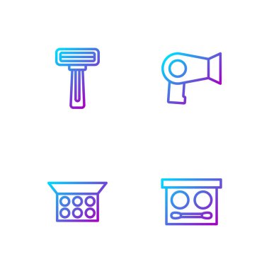 Göz farı paleti, aynalı makyaj pudrası tıraş bıçağı ve saç kurutma makinesi. Renk simgeleri. Vektör