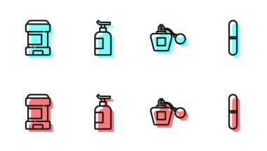 Parfüm, terleme önleyici deodorant, krem losyon kozmetik tüp ve tırnak törpüsü. Vektör