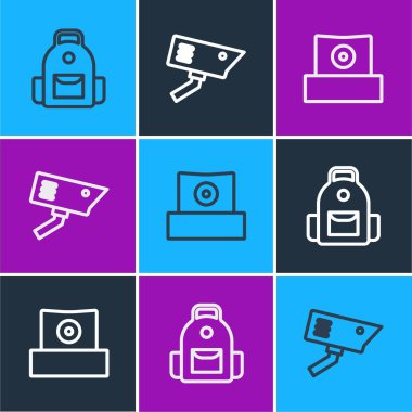 Sırt çantası, sprey başlık ve güvenlik kamerası simgesini ayarlayın. Vektör