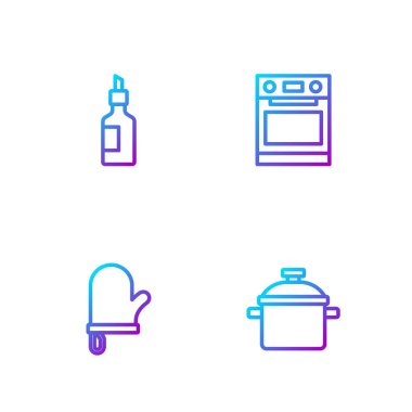 Sabit hat, tencere, fırın eldiveni, bir şişe zeytinyağı ve... Renk simgeleri. Vektör