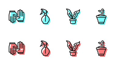 Sırayı belirle. Esrara bitki, lastik eldivenler, su püskürtme şişesi ve tohum kasesi ikonu. Vektör