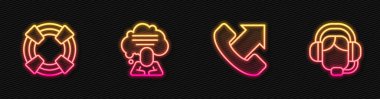 Telefon hattı desteği, Lifebuoy, konuşma balonu sohbeti ve kulaklıklı kadın. Parlayan neon ikonu. Vektör