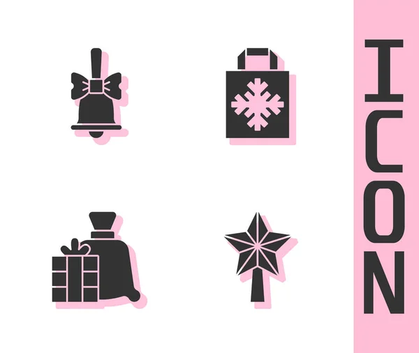 Set Kerstster Vrolijk Rinkelende Bel Kerstman Tas Cadeau Winkelen Pictogram — Stockvector