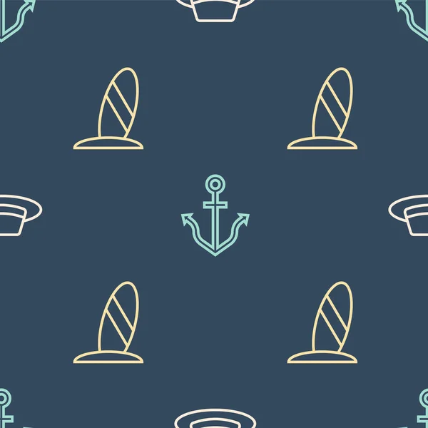 Set Line Man Hat Ribbon Surfboard Anchor Seamless Pattern Vector — Stock Vector