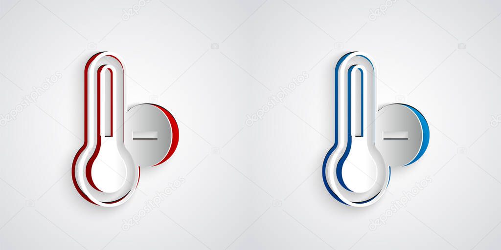 Paper cut Meteorology thermometer measuring icon isolated on grey background. Thermometer equipment showing hot or cold weather. Paper art style. Vector.