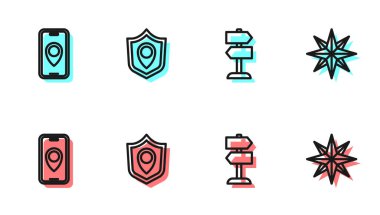 Hat çizgisi trafik işaretleri, şehir haritası navigasyonu, konum kalkanı ve rüzgar gül simgesi. Vektör